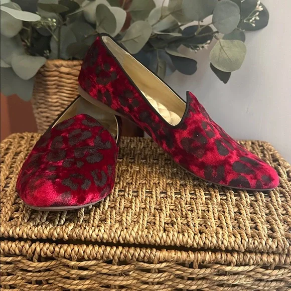 Birdies The Heron Red Black leopard print velvet quilted sole 7.5 Loafers - Picture 3 of 12